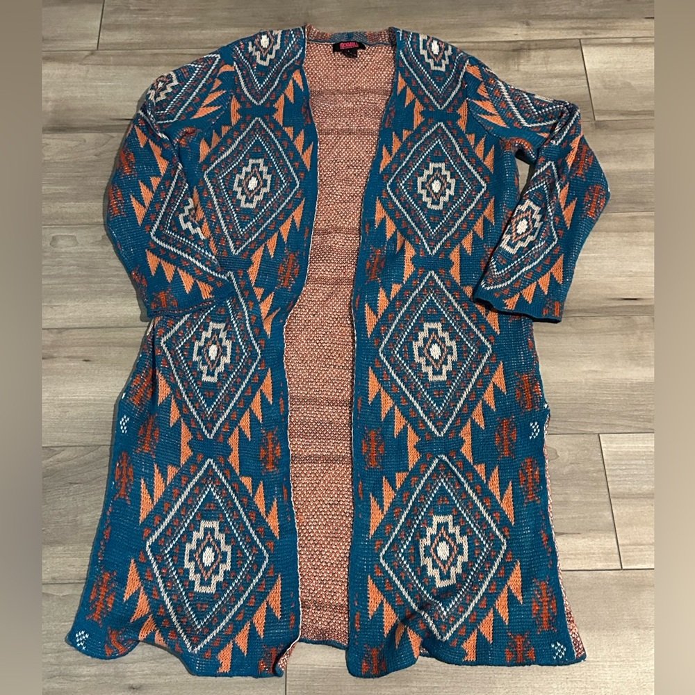 Rock & Roll Cowgirl Turquoise Orange Aztec Southwestern Cardigan Sweater Size L